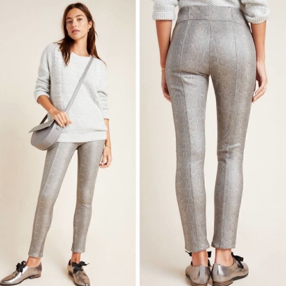 Anthropologies Metallic Green Snake Print Leggings Size 30